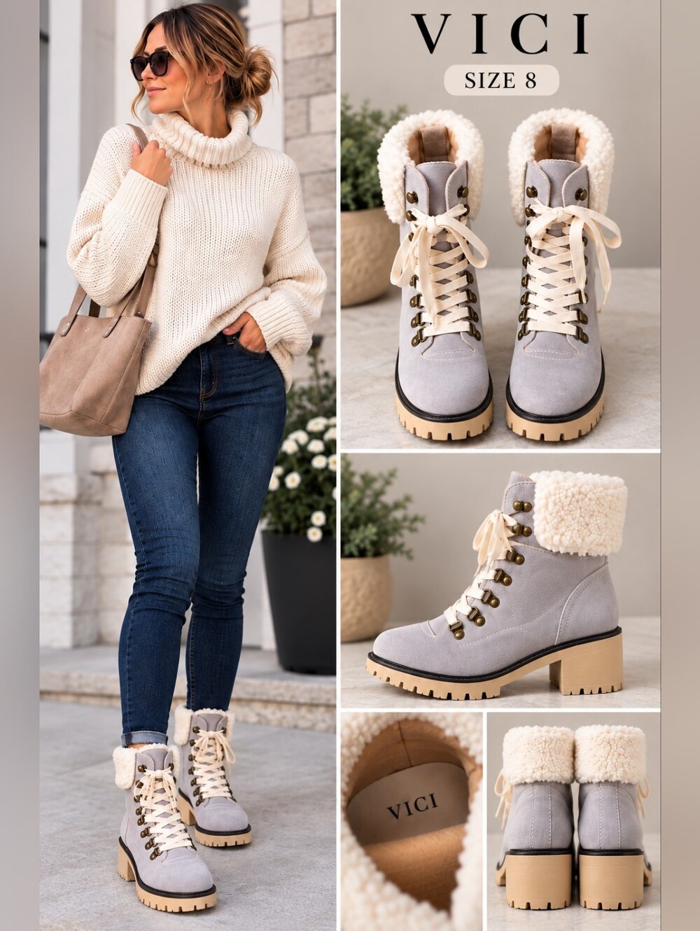 VICI Gray Faux Suede Shearling Lace-Up Boots Size 8